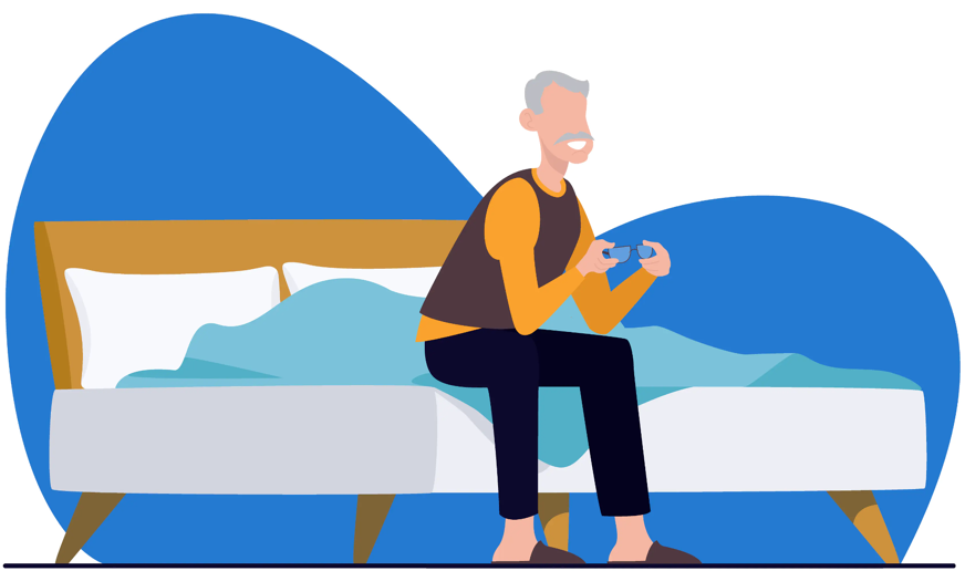 Old man sitting on bed